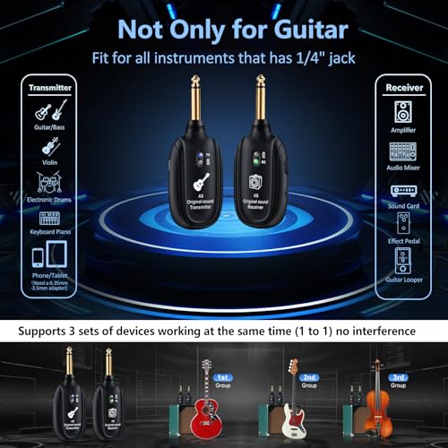 A8 Wireless Guitar System UHF 2 Modes, Rechargeable Li-Battery, 100ft Range, Plug & Play for Guitar, Bass, Violin, Keyboard - Black | Rechargeable Li-Battery, 100ft Range, Wireless Guitar Transmitter Receiver For Bass Violin Keyboard Electric Instruments