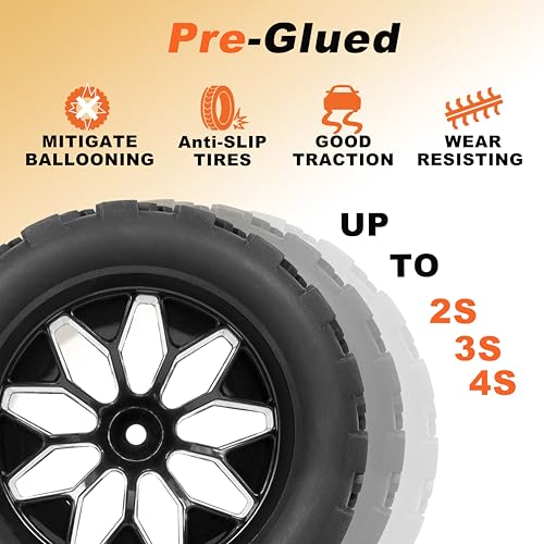 RC Station 12mm Hex RC Wheels and Tires 1/10 Scale RC Truck Tires and Wheels for Traxxas Rustler Stampede 2wd 4x4 vxl Hoss E-Revo Redcat Volcano EPX RIAARIO AMORIL Tires and Wheels Preglued 4PCS