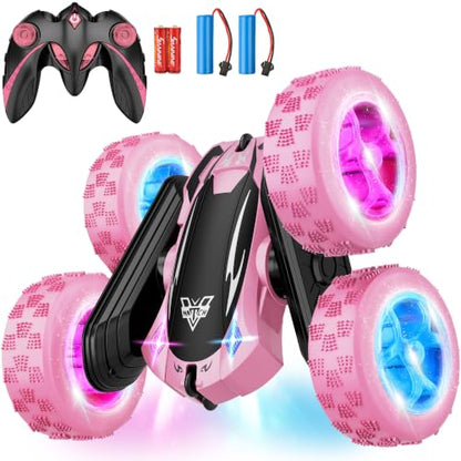 Remote Control Car, 2.4GHz RC Stunt Car, Double Sided Rotating RC Cars | LED Headlight & LED Wheel, 360° Flips High Speed Off Road RC Crawler Xmas Gift for 5 6 7 8-12 Year Old Girls Toys (Pink) - color: Pink