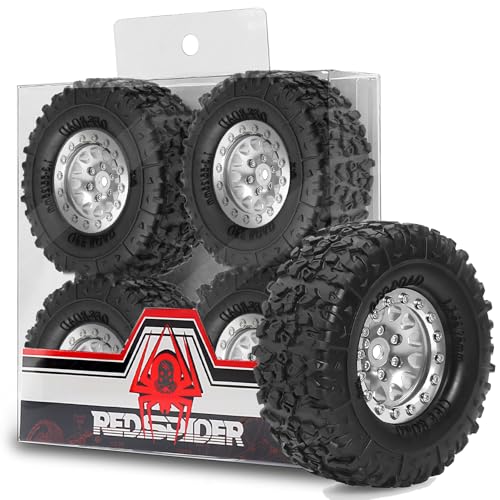 REDSPIDER 1.3 Aluminium Alloy Beadlock Wheels and Crawler Tires 1/24 RC Muddy Swamp Tyre 7mm Hex Fit for 1/18 1/24 Axial Trx4m SCX24 AX24 FCX24 RC Crawler XC-1 RTR CR-18P EVO (Silvery) - color: Silvery