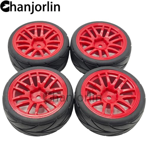 RC 1/10 On Road Touring Tires & Wheels 12mm Hex Hard Plastic Rims OD 65mm Street Racing Tyre for 1:10 1/12 Rally Drift Car Tamiya TT01 TT02 Traxxas XV02 XV01 HPI KYOSHO PTG2 4PCS (Red) - color: Red