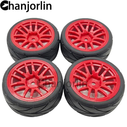 RC 1/10 On Road Touring Tires & Wheels 12mm Hex Hard Plastic Rims OD 65mm Street Racing Tyre for 1:10 1/12 Rally Drift Car Tamiya TT01 TT02 Traxxas XV02 XV01 HPI KYOSHO PTG2 4PCS (Red) - color: Red