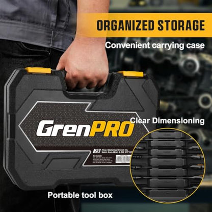 GRENPRO 23PCS Ratcheting Combination Wrench Set SAE Metric Mechanic Tools | 1/4"-3/4"&6-18MM Bolt Gauge, Electro-Coated CR-V 72-Tooth 5Deg Swing 12Pt Corrosion Resistant, Roll Pouch Auto&HomeRepair - style: Ratcheting Wrench Set (Metric&SAE)
