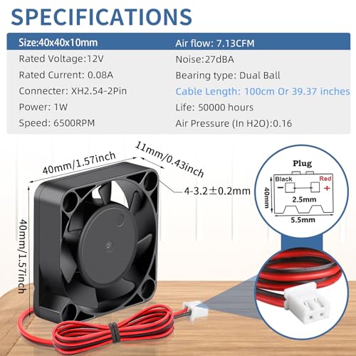 Wathai 2Pack 40mm x 10mm DC Small 12V Cooling Fan Brushless Motor 2Pin | Dual Ball 12 Volt Fans Replacement for DIY 3D Printer, Amplifier, PC Computer case, Battery Chargers, Raspberry pi, DVR - style: 12V 2P Ball