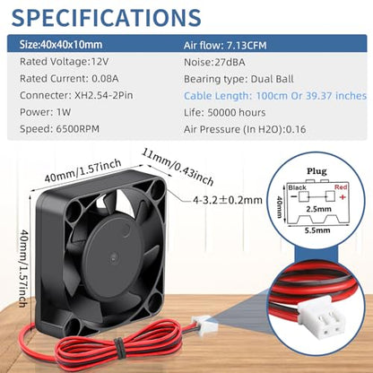 Wathai 2Pack 40mm x 10mm DC Small 12V Cooling Fan Brushless Motor 2Pin | Dual Ball 12 Volt Fans Replacement for DIY 3D Printer, Amplifier, PC Computer case, Battery Chargers, Raspberry pi, DVR - style: 12V 2P Ball