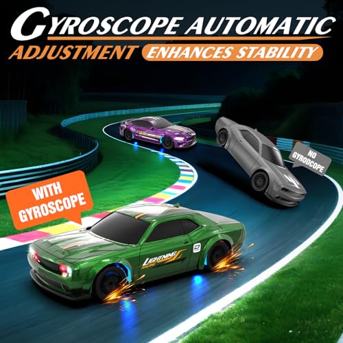 Mini RC Drift Car 1/43 2.4GHz RC Drift Cars with Gyro, 4WD Full Proporitonal High Speed Remote Control Car with LED Lights and Drifting Tires Hobby Racing Cars for Adults Kids Boys, Green - color: Green