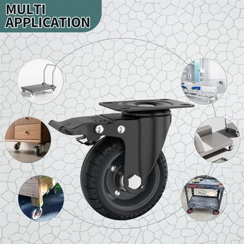 4'' Plate Caster Wheel Swivel with Brake Solid Rubber Iron Rim | Dual Lock, Set of 4, 1000 Lbs Load, Steel Core, Silent Soft Tire, All Terrain, Outdoor, Off Road, for DIY Carts, Workbench