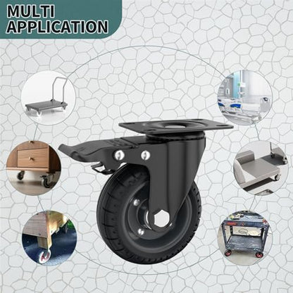 4'' Plate Caster Wheel Swivel with Brake Solid Rubber Iron Rim | Dual Lock, Set of 4, 1000 Lbs Load, Steel Core, Silent Soft Tire, All Terrain, Outdoor, Off Road, for DIY Carts, Workbench
