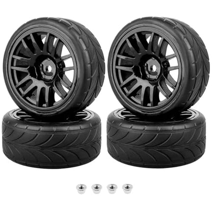 Preglued 1/10 On Road Wheels and Tires 12mm Hex Wheels Rubber Flat Racing Tires for Traxxas 4tec 2.0 3.0 Tamiya TT02 TT01 HPI RS4 Wltoys 144001 Kyosho Fazer 4PCS