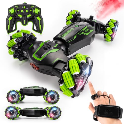 TADOZIC 4WD Remote Control Gesture Sensor Car,Hand Controlled RC Stunt Car,Double-Sided Vehicle 360° Rotation with Light and Music Spray, Watch Toy Cars for Boys & Girls Birthday - color: Green
