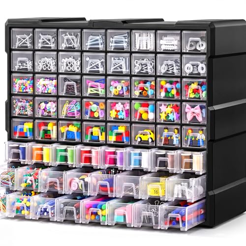 64-Drawer Organizer for Garage Building Bricks Storage,𝐓𝐡𝐢𝐜𝐤𝐞𝐫 Drawer Storage Cabinet with Dividers and Labels for Hardware,Screws,Nuts Bolts, Garage Tools,Charms,Beads,Craft,Scrapbook - size: 64 Drawer
