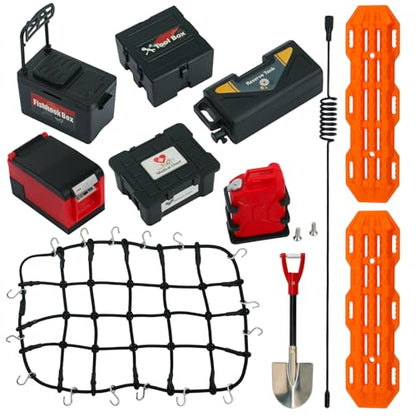 11Pcs Roof Rack Accessories Set Simulation Luggage Net/Fuel Tanks/Shovel/Recovery Boards/Fishing Boxes Tool Case/Antennas Compatible with 1/10 Scale RC Crawler TRX4 TRX6/SCX10/Gen7 Gen8