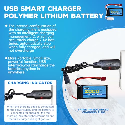7.4V 2000mAh 35C 2S Lipo Battery with T-Plug and USB Charging Cable for 300E 9200E 9201E 9206E M416 H16PL 903A HP162S HM124 RC Car, RC Ship Drone Battery