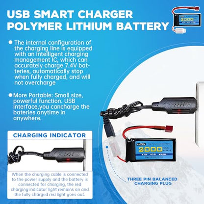 7.4V 2000mAh 35C 2S Lipo Battery with T-Plug and USB Charging Cable for 300E 9200E 9201E 9206E M416 H16PL 903A HP162S HM124 RC Car, RC Ship Drone Battery