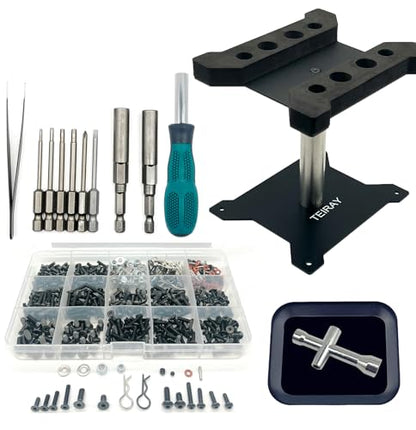 RC Car Repair Work Stand Repair Tool Set 360 Degree Rotation and 600 PCS RC Screws Kit and Screws Pallet Kit and RC Screwdrivers for 1/8 1/10 1/12 1/16 1/18 RC Car Truck Crawler (Black) - color: Black