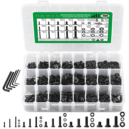 1500PCS Screw Assortment Kit, M2-M6 10.9 Alloy Steel Hex Flat Cap Bolts | With Nuts & Flat Washers & Lock Washers & Wrench, Black Zinc Plated High-Tensile, Length 10-20mm, for 3D Printing, DIY, Home - size: M2 M3 M4 M5 M6 1500pcs 1