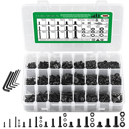 1500PCS Screw Assortment Kit, M2-M6 10.9 Alloy Steel Hex Flat Cap Bolts | With Nuts & Flat Washers & Lock Washers & Wrench, Black Zinc Plated High-Tensile, Length 10-20mm, for 3D Printing, DIY, Home - size: M2 M3 M4 M5 M6 1500pcs 1