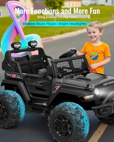 Blitzshark 24V MAX Ride-on Truck 2 Seater, 4WD Kids Electric Vehicle | XXL Battery Powered Car, with 480W Ultra Powerful Motor, 7AH Battery, Remote Control, Full-Metal Suspension& Sticker,Black - color: Black
