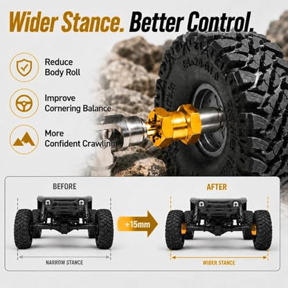 4PCS 12mm Hex Hub 15mm Aluminum Extension Hex for Axial SCX10 D90 90046 | 15mm CNC Wheel Hex Extenders for 1/10 RC Crawlers Redcat Gen7/Gen8 CC01 RC4WD Wider Stance & Tire Clearance with M4 Nuts Pins - color: Gold