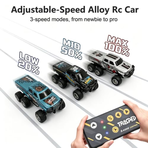 haomsj 1/64 Mini Rc Monster Truck 6x6 Off Road Remote Car for Kids & Adult | Sturdy Metal Car|3 Speeds|2.4G Flexible Remote Control|Long Lasting|Fast Charge|All-Terrain|Gift for Boys Age 3-12 - color: Gray