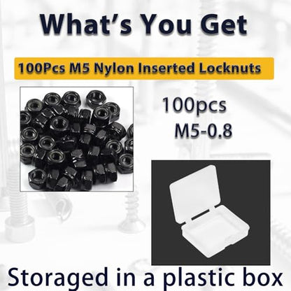 M5x0.8mm Locknuts Nylon Inserted Lock Nuts M5 Nut for CNC Machine RC Cars | 100PCS Metric Self-Lock Nylon Insert Carbon Steel Self Locking 8mm Hex Nut Driver Tiny Nut - size: M5 (100PCS)
