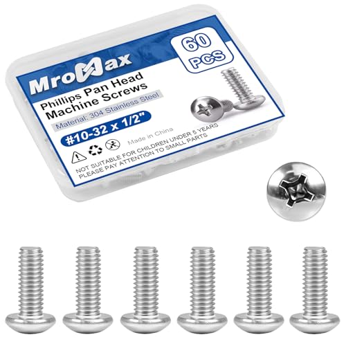 60Pcs #10-32 x 1/2" Phillips Pan Head Machine Screws, UNF Fully Threaded | 18-8 (304) Stainless Steel, Bright Finish, Ideal for Electronics, Appliances, Automotive and General Assembly - size: #10-32 x 1/2"