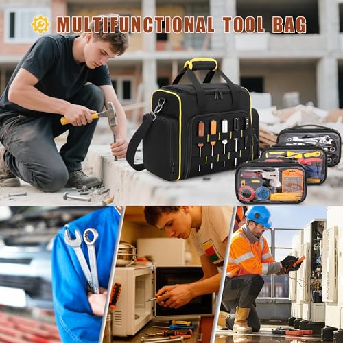 Marscamd Tool Bag with 3 Removable Cases, 2 Layers Tool Tote for Hand Tools | with Front Molle Straps & Detachable Shoulder Strap, Black with Yellow Binding - color: Black with Yellow Binding