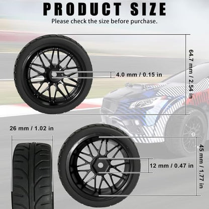 OD 2.55" On Road Rubber Tires Nylon Wheels- 12mm Hex for 1/10 RC Racing Car | Compatible with MJX HSP Tamiya HPI Kyosho Traxxas Sakura Redcat WLtoys 1/10 RC On-Road Racing Touring Car (4pcs, Black) - style: B-Black