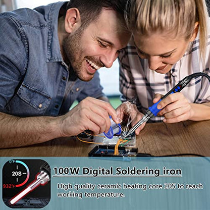 Soldering Iron Kit, 100W High-Power LCD Digital Soldering Iron, Circuit Board Repair Soldering Kit with Magnifying Glass Helping Hands, Adjustable Temperature Solder Welding Tools - color: Blue (12-in-1 Soldering Iron Kit)
