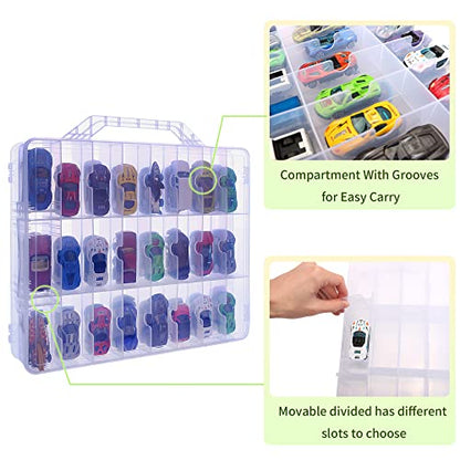 Double Sided Toy Car & Doll Storage Case - 48 Compartments, Portable Transparent Case - color: Transparent-48