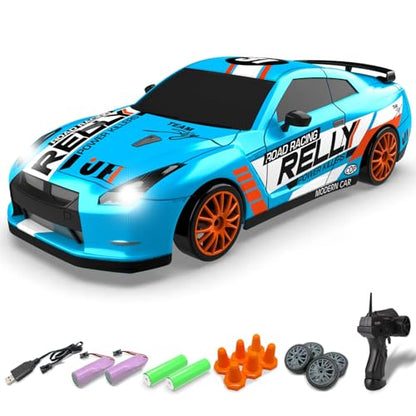 RACENT 1:24 Scale RC Drift Car, 10MPH 4WD Remote Control Car with LED Light, Racing and Drifting Wheels, 2 Rechargeable Batteries, Toy for Boys, Girls, Kids (Blue) - color: Cyan, size: 1:24 Scale