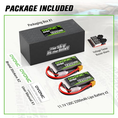 OVONIC 3S Short LiPo Battery 11.1V 2200mAh 120C with XT60 Plug for RC Car RC Truck Airplane Helicopter Boat Car Racing RC Hobby [2 Packs][77" D x 34" W x 26" H mm](with Lipo Voltage Checker)