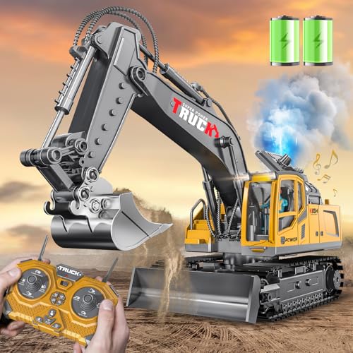 Remote Control Excavator Toy for Boys,17 Channel 1:16 RC Excavator Toys with Metal Shovel/Spray/Lights/Sounds,RC Digger Construction Vehicles Toys Gift for Boys 7 8 9 10 11 12 Year Old Kids