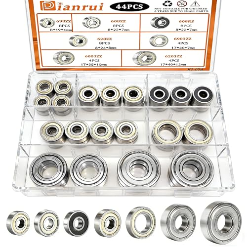 Dianrui 608RS/ 608ZZ/ 698ZZ/ 628ZZ/ 6903ZZ/ 6003ZZ/ 6203ZZ - 44 PCS Ball Bearings Assortment Kit, Carbon Steel Deep Groove Bearing for Furniture Wheel, Roller Skates, 3D Printing and ect—7 Size - size: Assorted kit