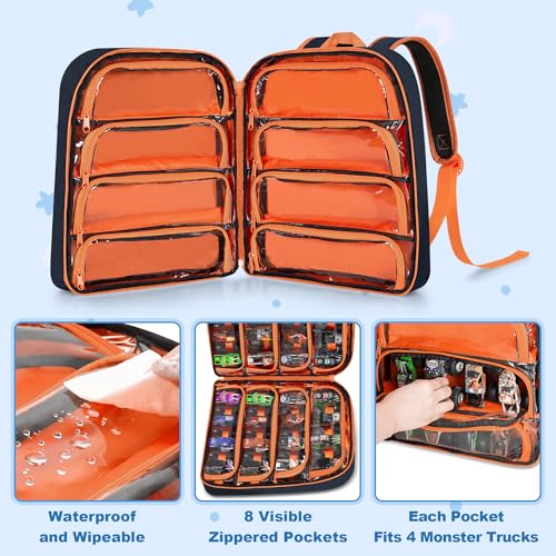 CURMIO Toy Cars Backpack Compatible with Monster Jam Trucks Up to 37pcs | Truck Carrying Case for 1:64 Scale Toy Cars, with 8 Transparent Pockets and Front Pocket, Home Use & Travel, Empty Bag