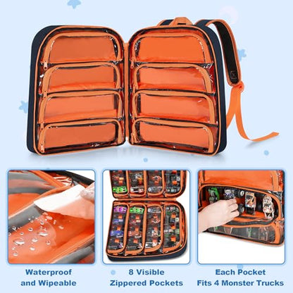 CURMIO Toy Cars Backpack Compatible with Monster Jam Trucks Up to 37pcs | Truck Carrying Case for 1:64 Scale Toy Cars, with 8 Transparent Pockets and Front Pocket, Home Use & Travel, Empty Bag