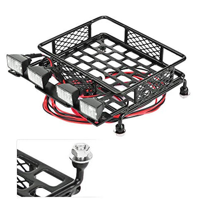 RC Car Roof Rack, Small Size Roof Rack Luggage Carrier with 4 Quadrate LED Lights for Axial SCX10 1/10 Remote Control Crawler Car(4 White Light Color)