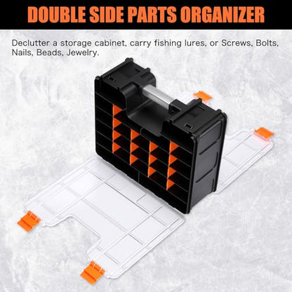 Double Side Tool Box, Multi-Function Storage Toolbox Organizer, 8 Movable Small Trays & Removable Dividers, Transparent Cover Plate, Toolbox For Hobby & Craft Use (15.16"L*12.8"W*6.3"H)