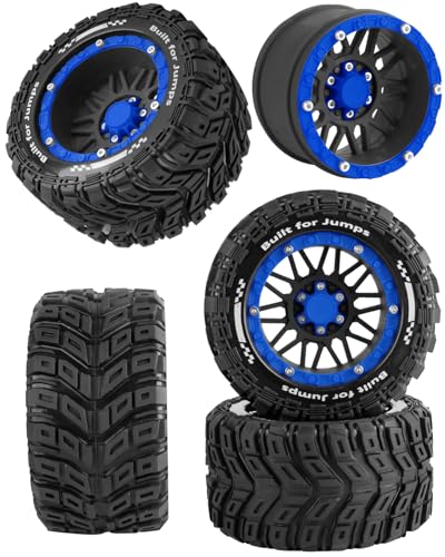 RC Wheels and Tires for 1/16 Scale,RCarmubWow Plastic Rim Rubber Tires for 1/16 Summit E-Revo Gorgon Grom,Mini Kraton 3S, M-J-X16207-16210, H-B-X16889 16890,S-C-Y16101-16106 RC Truck,Black&Navy Blue - color: Black W/Navy Blue(4pcs)