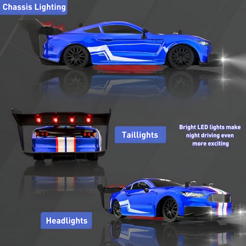1:20 RC Drift Car for Kids,4WD 2.4GHz 30KM/H High Speed Remote Control Car, Racing Sport Toy Car with LED Lights,Drifting Tires＆2 Batteries (Blue) - color: Blue