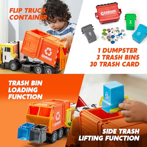 JOYIN Large Friction Powered Garbage Truck Toy Set, Includes Dumpster, Trash Bins, and Learning Cards for Kids, Orange - color: Orange