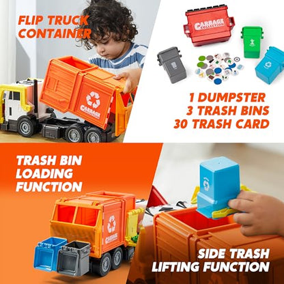 JOYIN Large Friction Powered Garbage Truck Toy Set, Includes Dumpster, Trash Bins, and Learning Cards for Kids, Orange - color: Orange