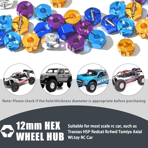 Aluminum 12mm Hex Wheel Hub 4Pcs w/Axle Pin M4 Flange Lock Nut Standard M3 M4 Nut 7mm Thickness Wheel Drive Adapter for 1/10 Traxxas HSP Redcat Rc4wd Tamiya Axial SCX10 WLtoy RC Car(25Pcs) - color: Purple, size: 7.0