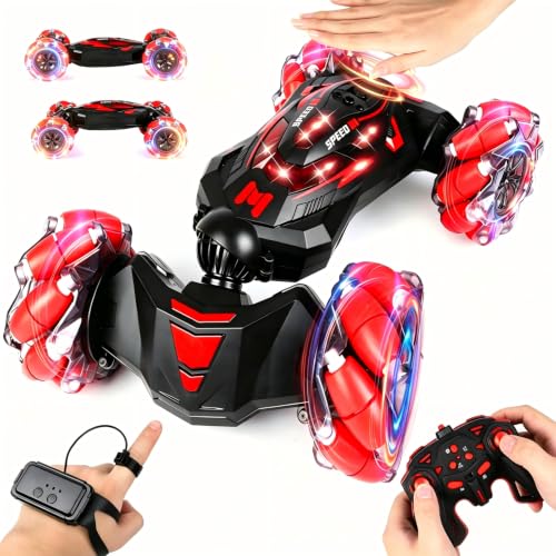 Remote Control car and Gesture Sensing RC Stunt car give Boys Gifts | boy toys age 6-12,Hand Controlled remote control twist car with light and music birhtday presents and ideas gifts for kids - color: L-red, size: Large