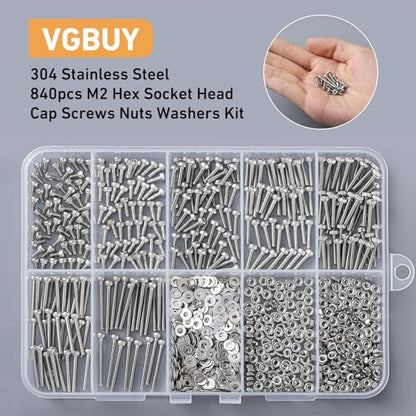 VGBUY 840pcs M2 Screw Assortment Kit,M2 x 4/6/8/10/12/16/20mm Hex Socket Head Cap Screws Bolts Nuts Washer Kit,304 Stainless Steel Machine Screws Suitable for 3D Printer DIY - size: M2x4/6/8/10/12/16/20mm, style: Socket Head