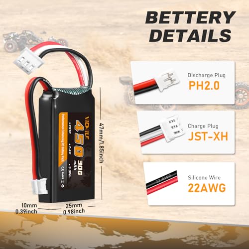 SCX24 Battery 7.4V 450mAh Lipo Battery 2S 30C Rechargeable Lipos with PH2.0 Plug Fit for Most 1/10, 1/16, 1/18, 1/24 Scale RC Cars Trucks