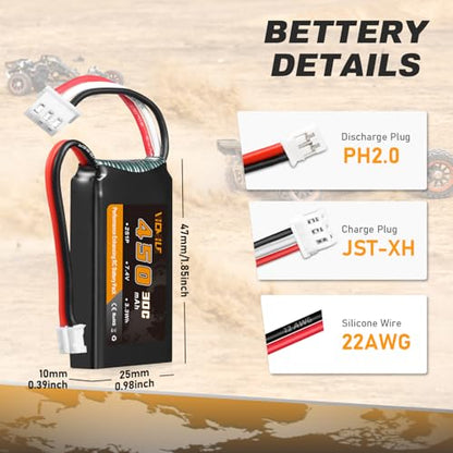 SCX24 Battery 7.4V 450mAh Lipo Battery 2S 30C Rechargeable Lipos with PH2.0 Plug Fit for Most 1/10, 1/16, 1/18, 1/24 Scale RC Cars Trucks