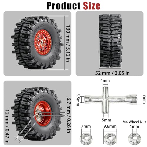2.2" RC Mud Terrain Wheel Tire with Brake Discs for 1/10 RC Crawler - 12mm Hex, 9.5mm Offset Aluminum Wheel - Aggressive Huge Lug Tire for Mud Slinging - Fit for SCX10 TRX4 TRX6 Gen8 VS4-10 - color: Red
