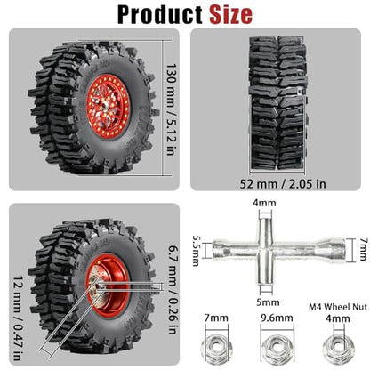 2.2" RC Mud Terrain Wheel Tire with Brake Discs for 1/10 RC Crawler - 12mm Hex, 9.5mm Offset Aluminum Wheel - Aggressive Huge Lug Tire for Mud Slinging - Fit for SCX10 TRX4 TRX6 Gen8 VS4-10 - color: Red