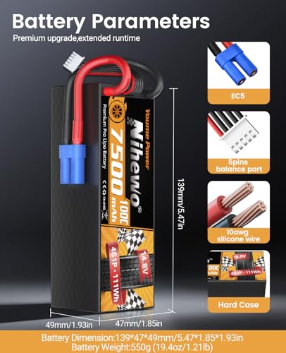 4S Battery 14.8V 7500mAh 100C Hardcase EC5 for RC Truck Boat 2Packs | 4 Cell Lipo Battery Hard case, Durable for RC Car/Truck/Boat/Airplane/Drone; High Discharge; EC5 Plug Ready; 2-Pack Value